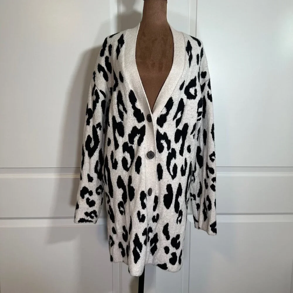 Leopard Print Long Line V-Neck Button Front Cardigan by Something Navy - M